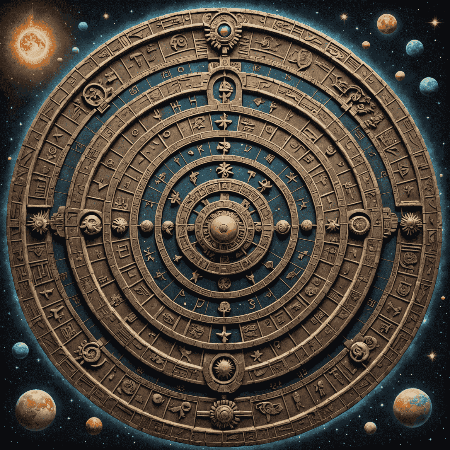 Imagen de un calendario maya antiguo con símbolos astrológicos y una superposición de estrellas y planetas, representando las predicciones para 2025