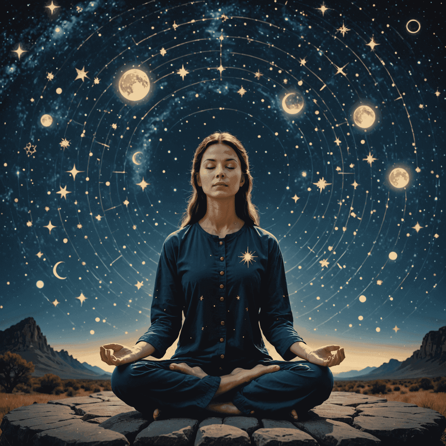 Imagen de una mujer meditando bajo un cielo estrellado con símbolos zodiacales flotando a su alrededor