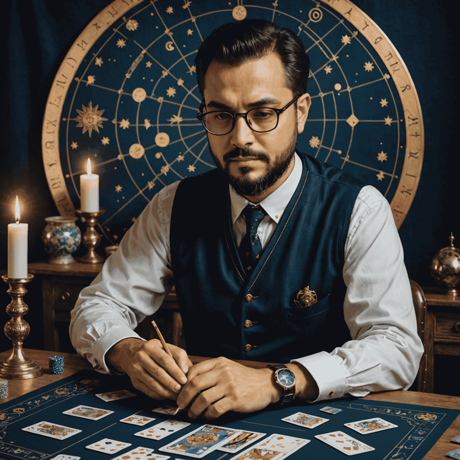 Imagen de Carlos Luna, experto en tarot, con barba corta y gafas, barajando un mazo de cartas de tarot en una mesa con un mantel azul oscuro bordado con símbolos astrológicos