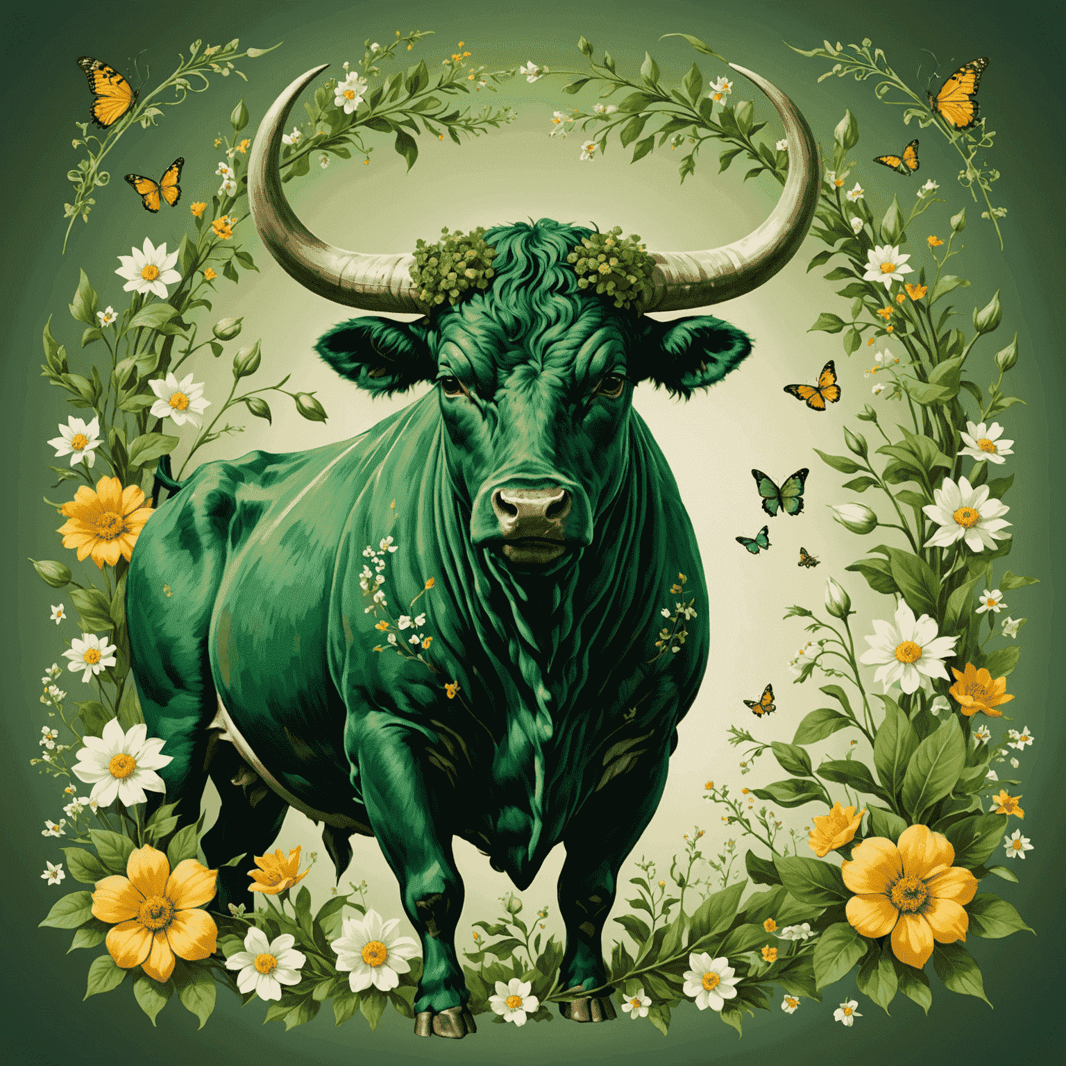 Ilustración de Tauro: un toro verde rodeado de flores y símbolos de abundancia