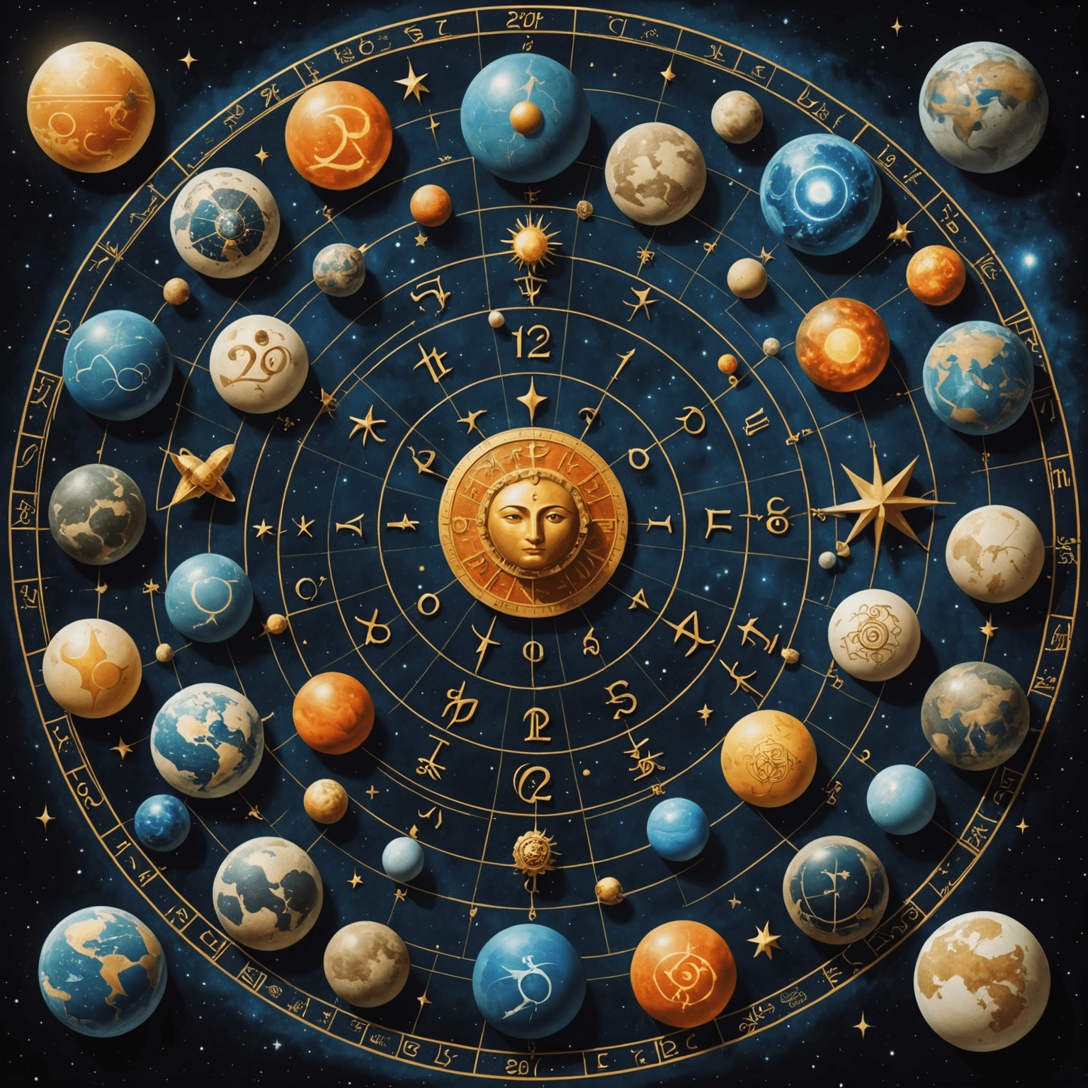 Collage de los 12 signos del zodíaco con símbolos planetarios superpuestos, mostrando cómo las alineaciones de 2025 afectan a cada signo